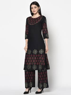 Rayon block print straight kurta palazzo set,black,(s,m,l,xl,2xl,3xl) 2