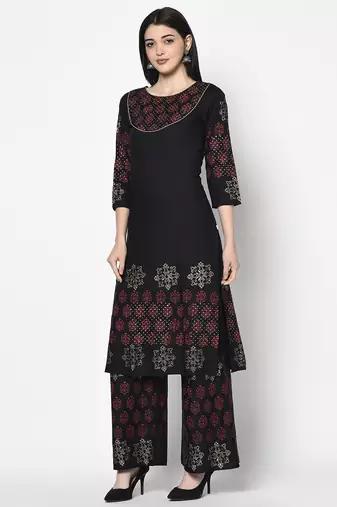 Rayon block print straight kurta palazzo set,black,(s,m,l,xl,2xl,3xl)