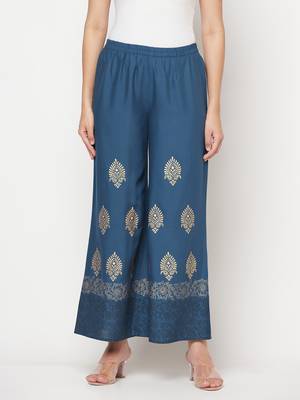 Rayon block print flared slip-on palazzo,blue,(s,m,l,xl,2xl,3xl) 1