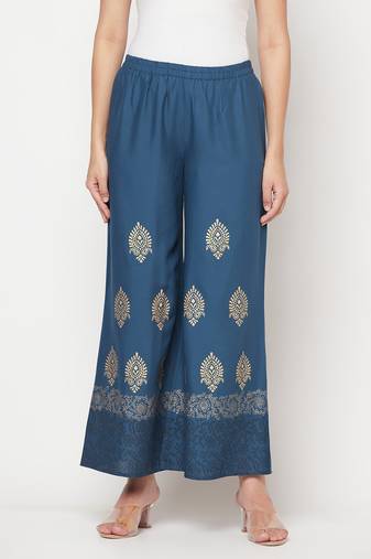 Rayon block print flared slip-on palazzo blue