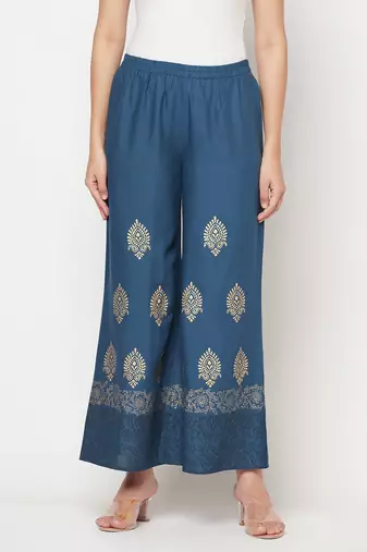 Rayon block print flared slip-on palazzo,blue,(s,m,l,xl,2xl,3xl)