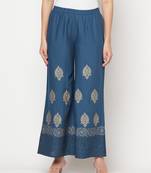 Rayon block print flared slip-on palazzo,blue,(s,m,l,xl,2xl,3xl)