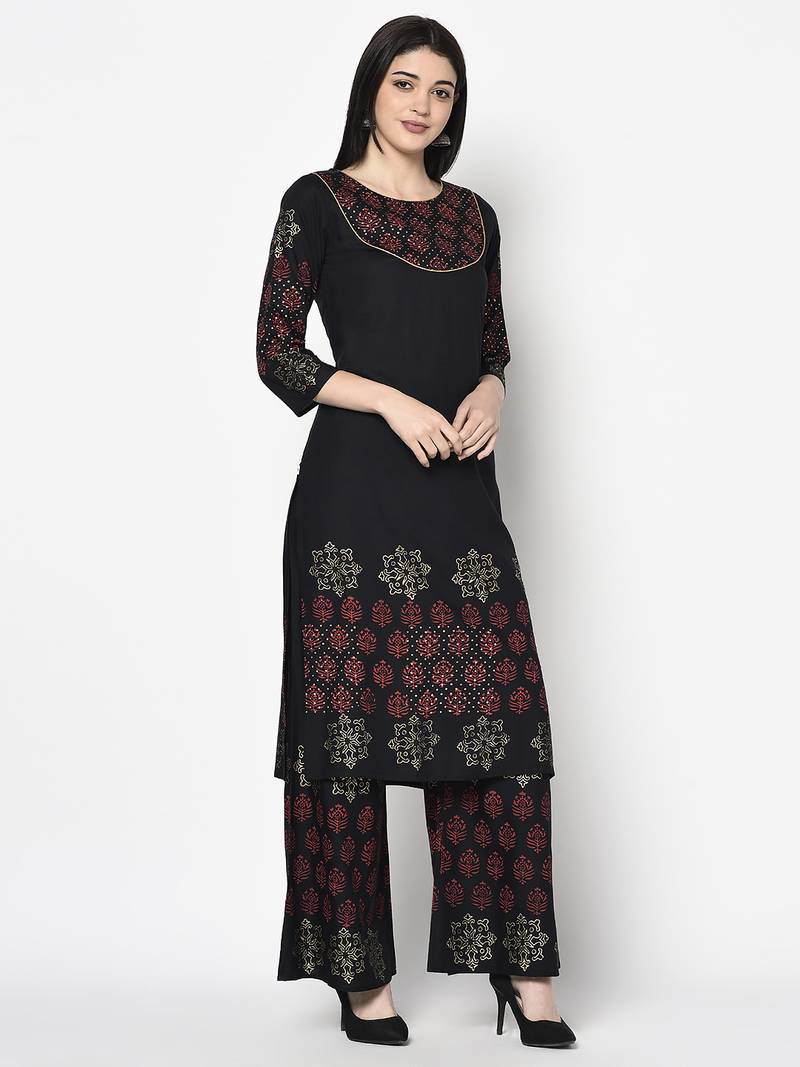 Rayon block print straight kurta palazzo set,black,(s,m,l,xl,2xl,3xl)
