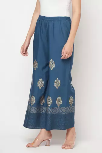 Rayon block print flared slip-on palazzo,blue,(s,m,l,xl,2xl,3xl)
