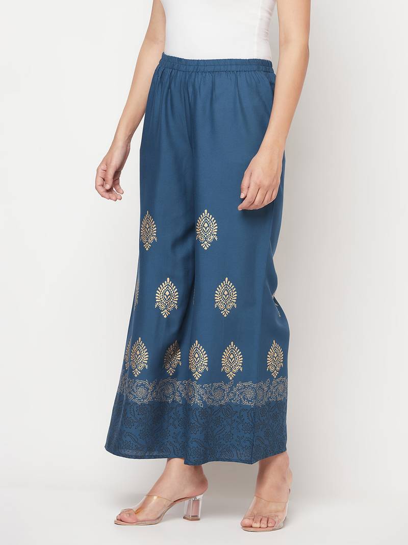 Rayon block print flared slip-on palazzo,blue,(s,m,l,xl,2xl,3xl)