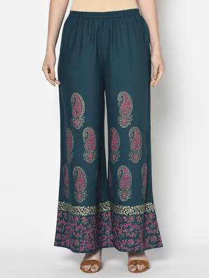 Rayon block print flared slip-on palazzo,teal blue,(s,m,l,xl,2xl,3xl) 1