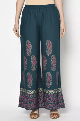 Rayon block print flared slip-on palazzo,teal blue,(s,m,l,xl,2xl,3xl)