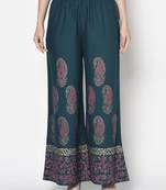 Rayon block print flared slip-on palazzo,teal blue,(s,m,l,xl,2xl,3xl)
