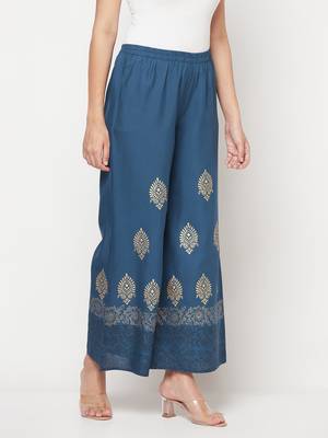 Rayon block print flared slip-on palazzo,blue,(s,m,l,xl,2xl,3xl) 3