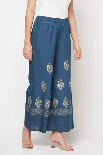 Rayon block print flared slip-on palazzo,blue,(s,m,l,xl,2xl,3xl)