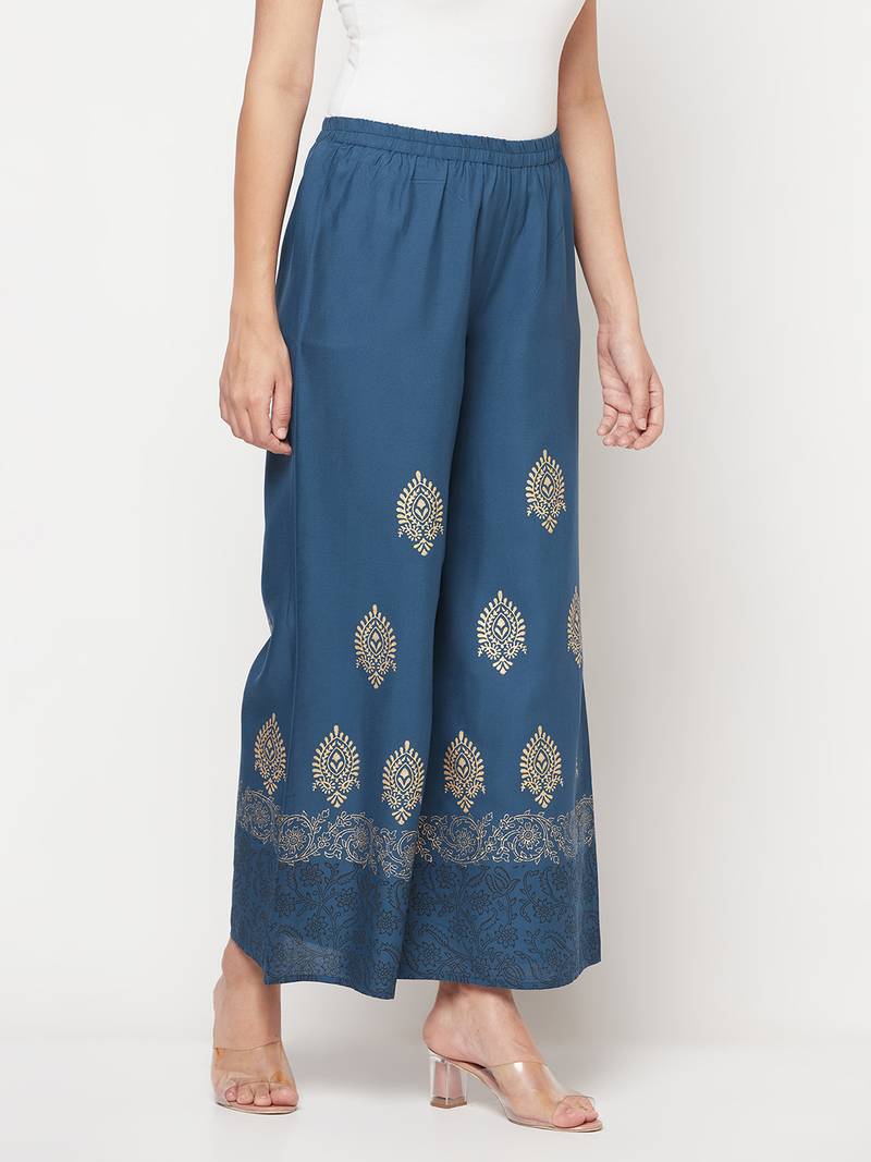 Rayon block print flared slip-on palazzo,blue,(s,m,l,xl,2xl,3xl)