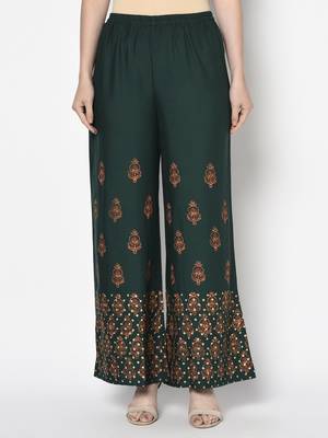 Rayon block print flared slip-on palazzo,bottle green,(s,m,l,xl,2xl,3xl) 1