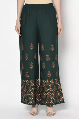 Rayon block print flared slip-on palazzo,bottle green,(s,m,l,xl,2xl,3xl)