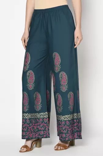 Rayon block print flared slip-on palazzo,teal blue,(s,m,l,xl,2xl,3xl)