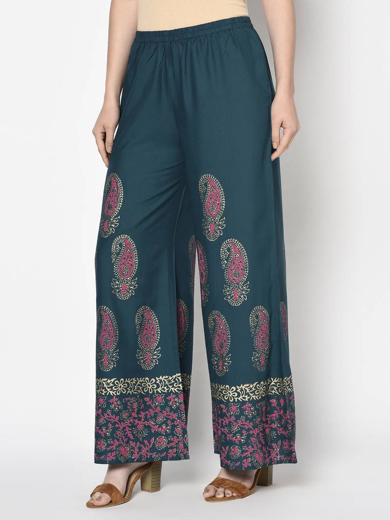 Rayon block print flared slip-on palazzo,teal blue,(s,m,l,xl,2xl,3xl)