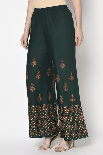 Rayon block print flared slip-on palazzo,bottle green,(s,m,l,xl,2xl,3xl)