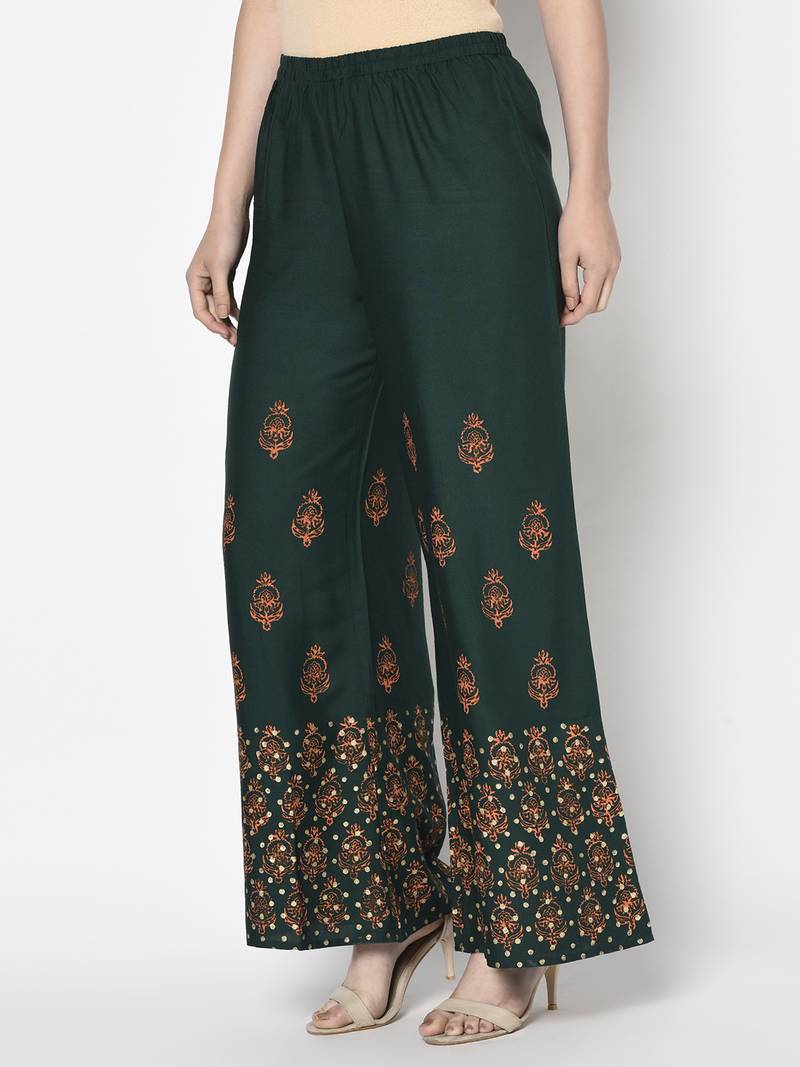 Rayon block print flared slip-on palazzo,bottle green,(s,m,l,xl,2xl,3xl)