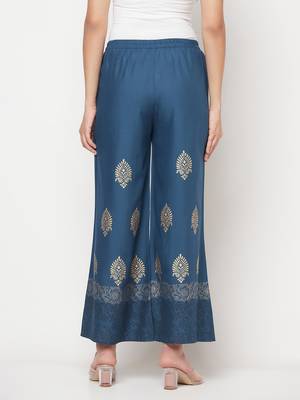 Rayon block print flared slip-on palazzo,blue,(s,m,l,xl,2xl,3xl) 4