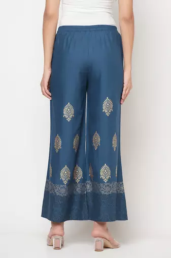 Rayon block print flared slip-on palazzo,blue,(s,m,l,xl,2xl,3xl)