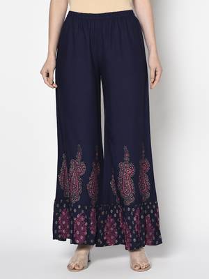 Rayon block print flared slip-on palazzo,navy blue,(s,m,l,xl,2xl,3xl) 1