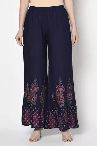 Rayon block print flared slip-on palazzo,navy blue,(s,m,l,xl,2xl,3xl)