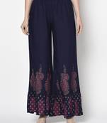 Rayon block print flared slip-on palazzo,navy blue,(s,m,l,xl,2xl,3xl)