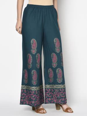 Rayon block print flared slip-on palazzo,teal blue,(s,m,l,xl,2xl,3xl) 3