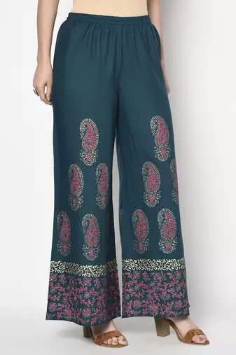 Rayon block print flared slip-on palazzo,teal blue,(s,m,l,xl,2xl,3xl)