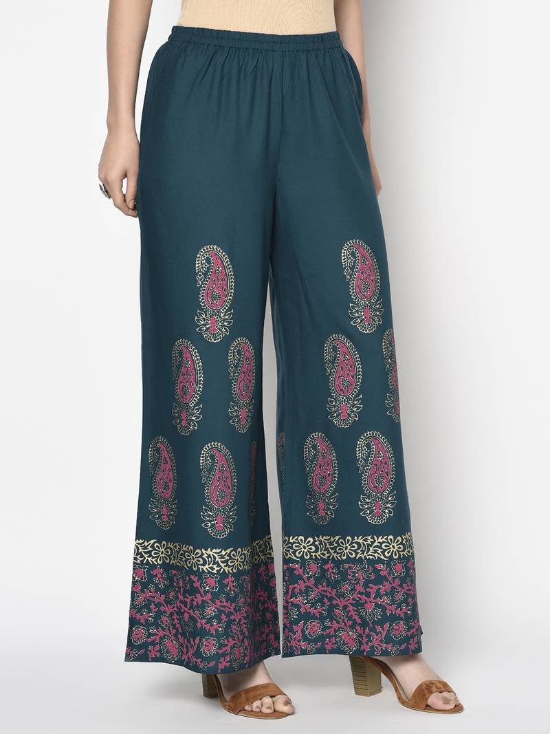 Rayon block print flared slip-on palazzo,teal blue,(s,m,l,xl,2xl,3xl)