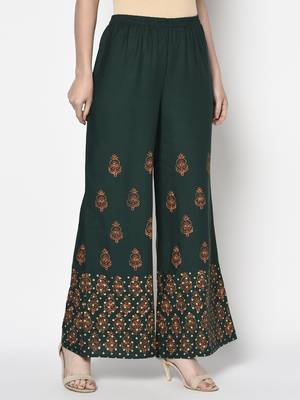 Rayon block print flared slip-on palazzo,bottle green,(s,m,l,xl,2xl,3xl) 3