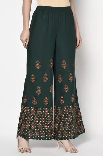Rayon block print flared slip-on palazzo,bottle green,(s,m,l,xl,2xl,3xl)