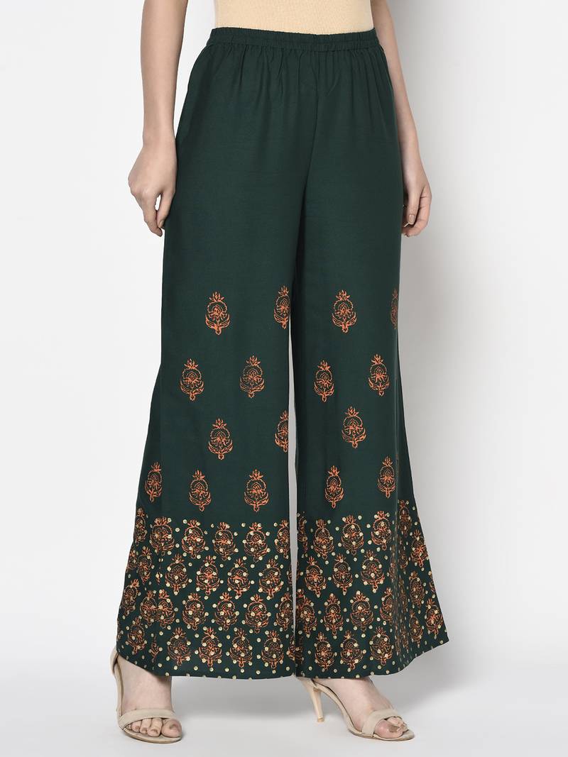 Rayon block print flared slip-on palazzo,bottle green,(s,m,l,xl,2xl,3xl)