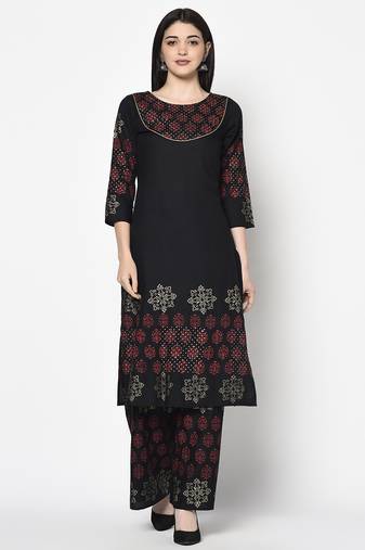 rayon block print straight kurta black