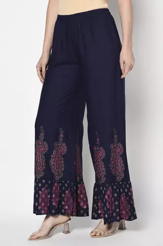 Rayon block print flared slip-on palazzo,navy blue,(s,m,l,xl,2xl,3xl)