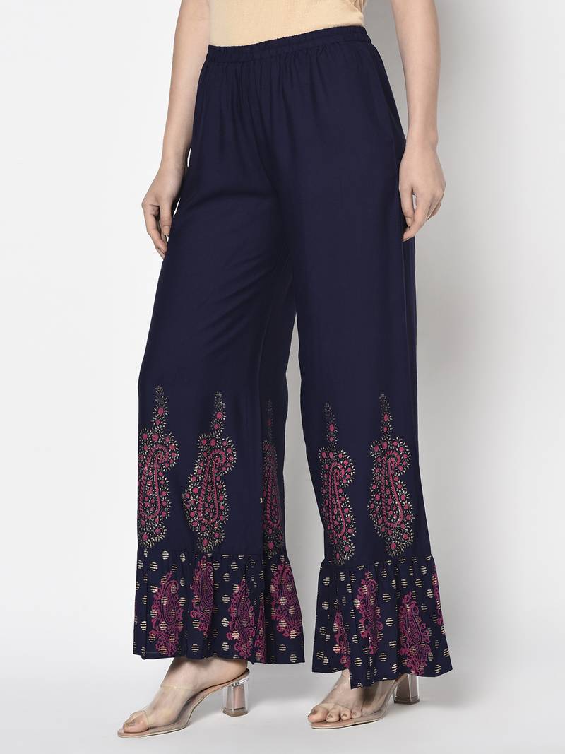 Rayon block print flared slip-on palazzo,navy blue,(s,m,l,xl,2xl,3xl)