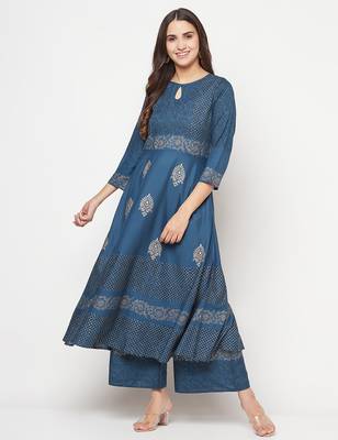 Rayon block print flared slip-on palazzo,blue,(s,m,l,xl,2xl,3xl) 5