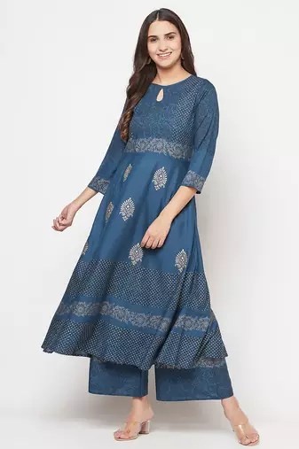 Rayon block print flared slip-on palazzo,blue,(s,m,l,xl,2xl,3xl)
