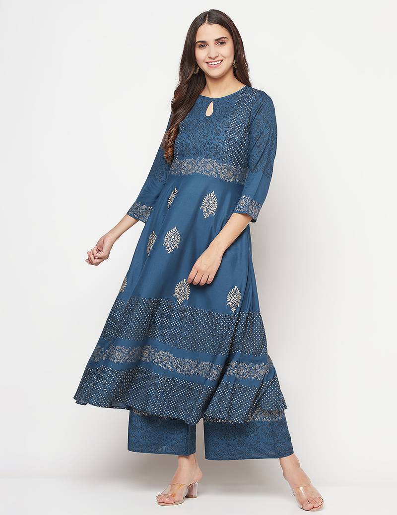 Rayon block print flared slip-on palazzo,blue,(s,m,l,xl,2xl,3xl)