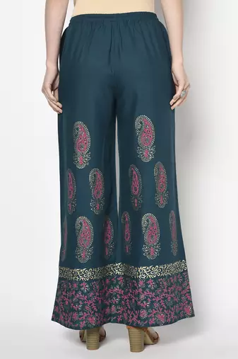 Rayon block print flared slip-on palazzo,teal blue,(s,m,l,xl,2xl,3xl)