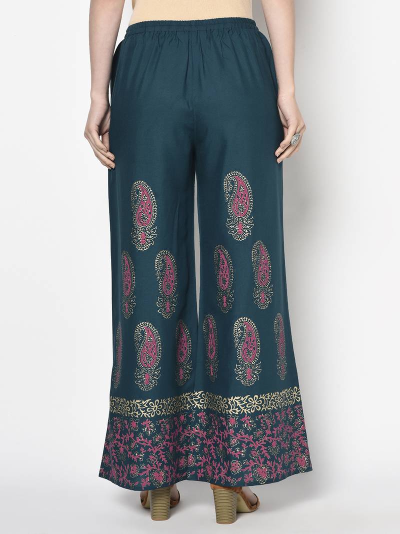 Rayon block print flared slip-on palazzo,teal blue,(s,m,l,xl,2xl,3xl)