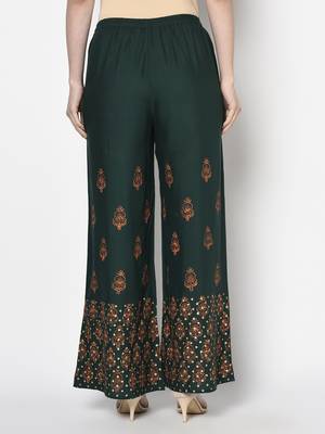 Rayon block print flared slip-on palazzo,bottle green,(s,m,l,xl,2xl,3xl) 4