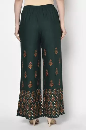 Rayon block print flared slip-on palazzo,bottle green,(s,m,l,xl,2xl,3xl)