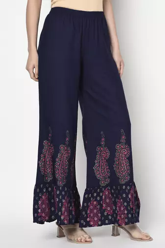 Rayon block print flared slip-on palazzo,navy blue,(s,m,l,xl,2xl,3xl)