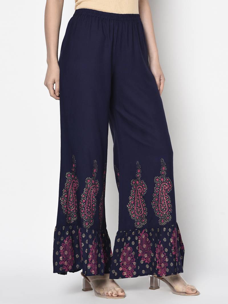 Rayon block print flared slip-on palazzo,navy blue,(s,m,l,xl,2xl,3xl)
