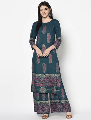 Rayon block print flared slip-on palazzo,teal blue,(s,m,l,xl,2xl,3xl) 5