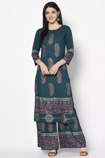 Rayon block print flared slip-on palazzo,teal blue,(s,m,l,xl,2xl,3xl)