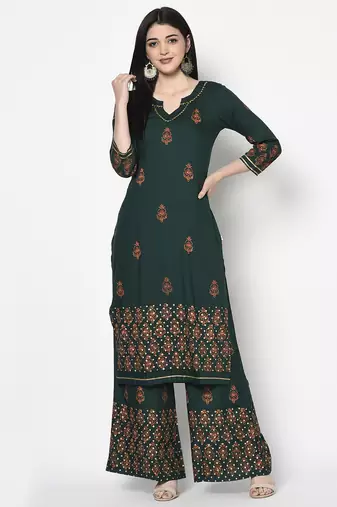 Rayon block print flared slip-on palazzo,bottle green,(s,m,l,xl,2xl,3xl)