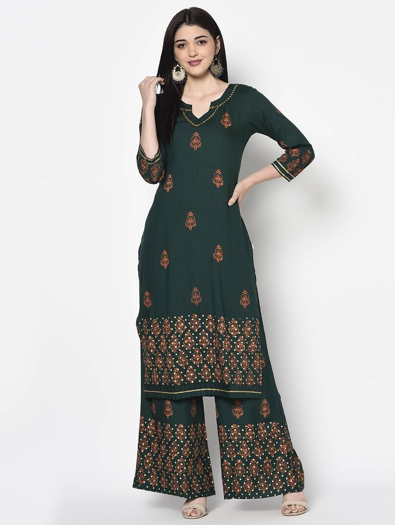 Rayon block print flared slip-on palazzo,bottle green,(s,m,l,xl,2xl,3xl)