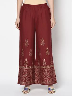 Rayon block print flared slip-on palazzo,maroon,(s,m,l,xl,2xl,3xl) 1