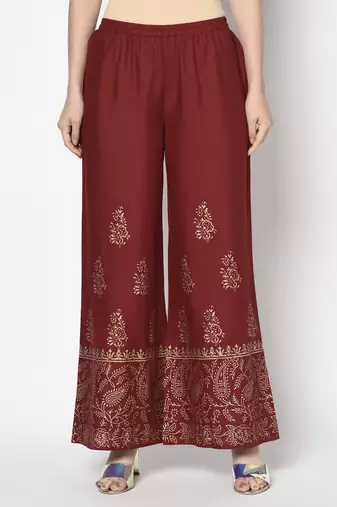 Rayon block print flared slip-on palazzo,maroon,(s,m,l,xl,2xl,3xl)